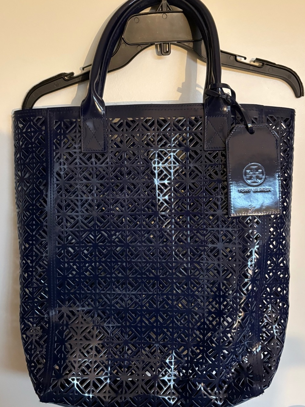 Tory Burch Navy PVC Patent Laser-Cut Tote
